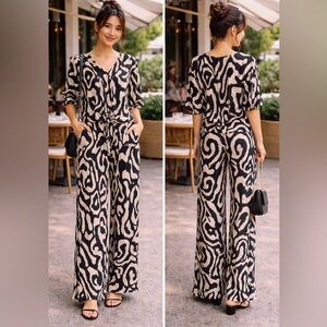 C by one Black & Beige Animal Print Two Piece Set – Wide Leg Full Length Pants